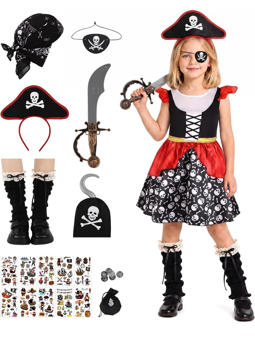Girls Pirate Costume Dress Set - Black & Red size 9-10 yo
